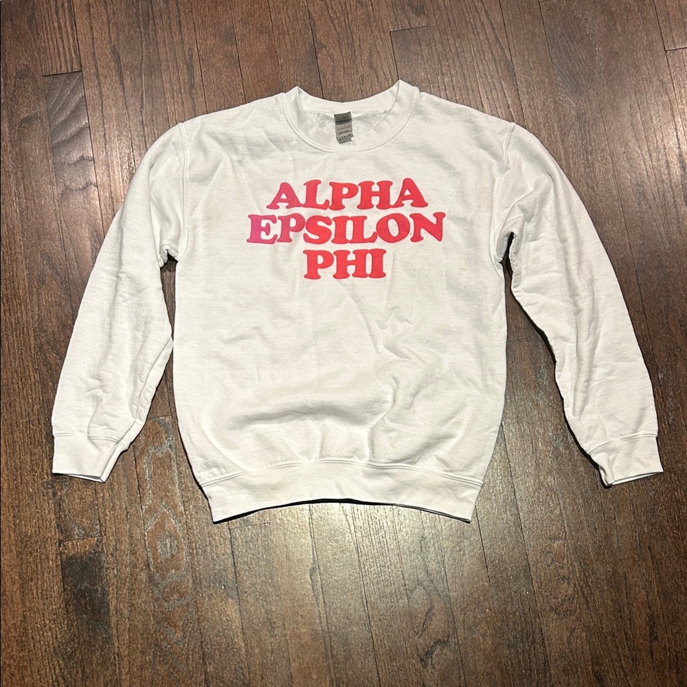 Women’s Alpha Epsilon Phi White Crewneck with Red Lettering Size Small
